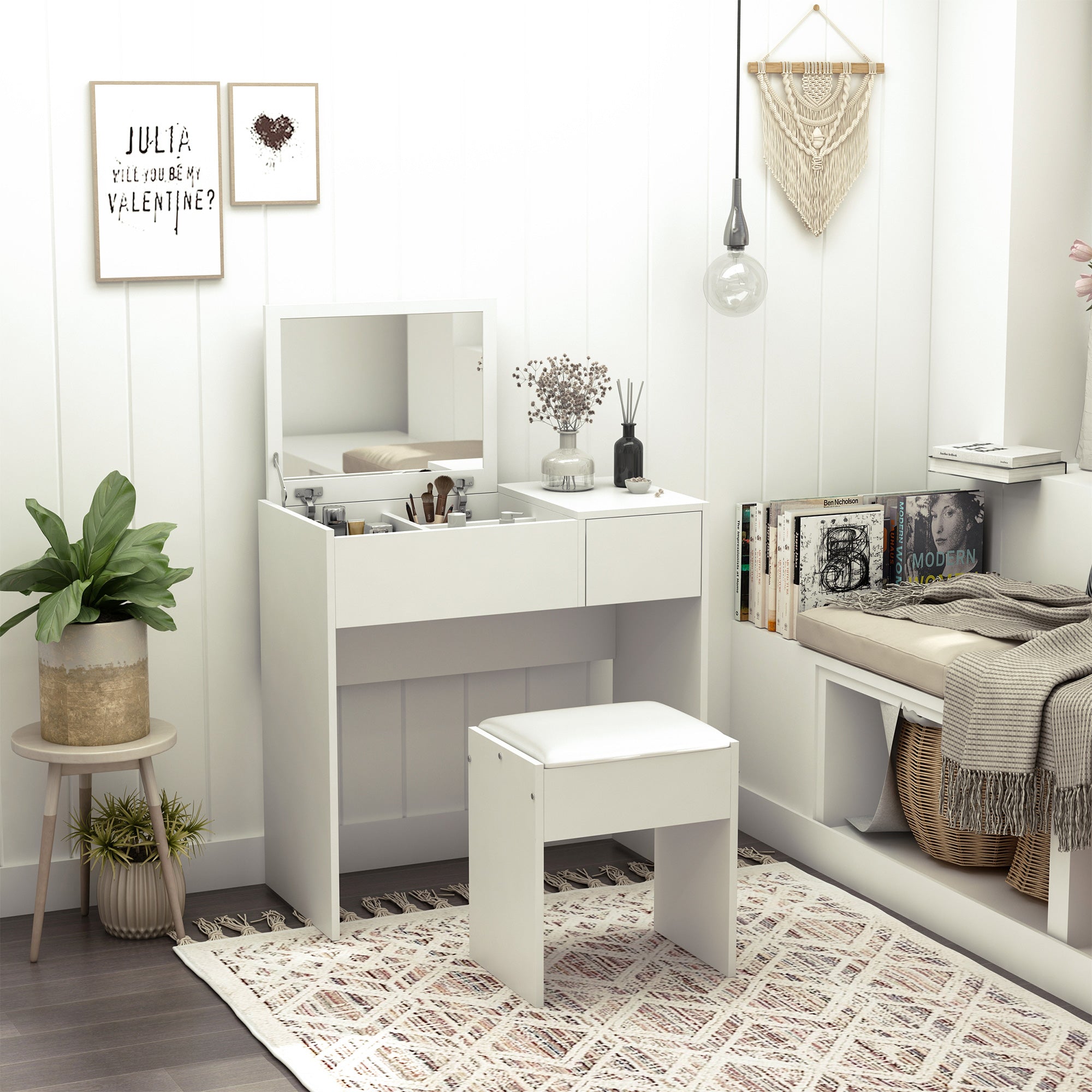 Makeup Desk With Drawer, Vanity Table Set With Flip-up Mirror And Cushioned Stool,