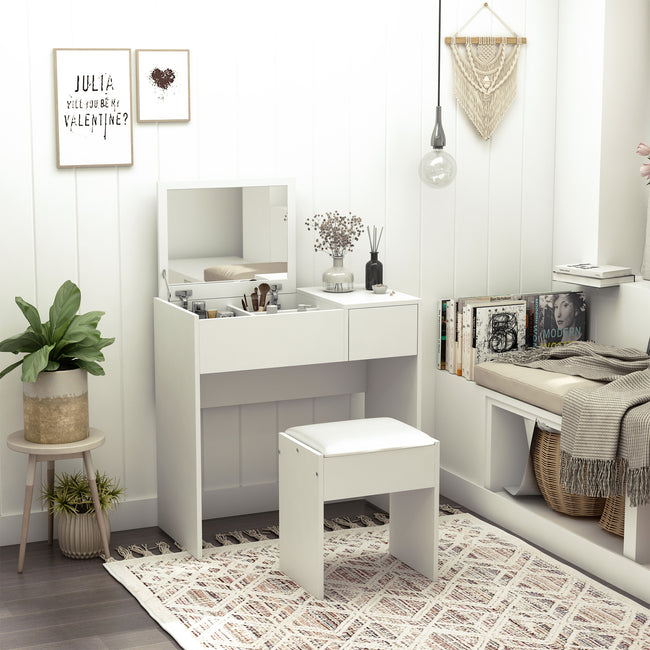 Makeup Desk With Drawer, Vanity Table Set With Flip-up Mirror And Cushioned Stool, Hover Image
