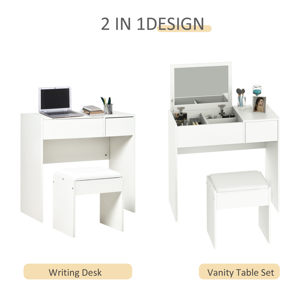 Makeup Desk With Drawer, Vanity Table Set With Flip-up Mirror And Cushioned Stool,