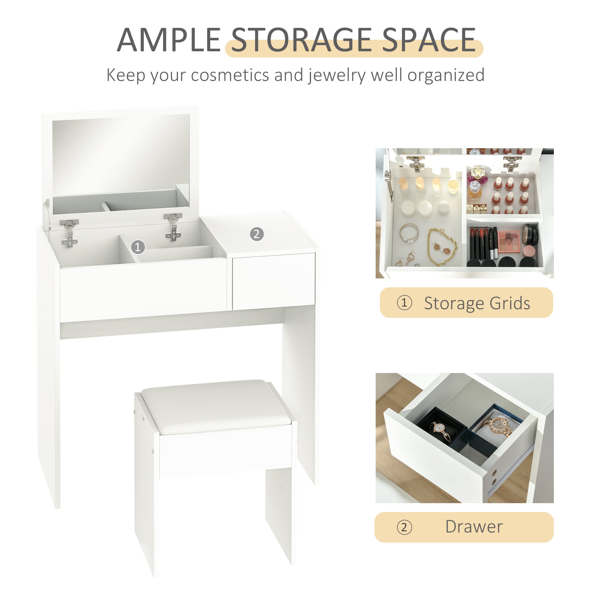 Makeup Desk With Drawer, Vanity Table Set With Flip-up Mirror And Cushioned Stool,