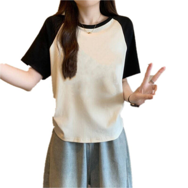 Women's Cotton Stretch Crew Neck Short Sleeve Stitching Top Main Image