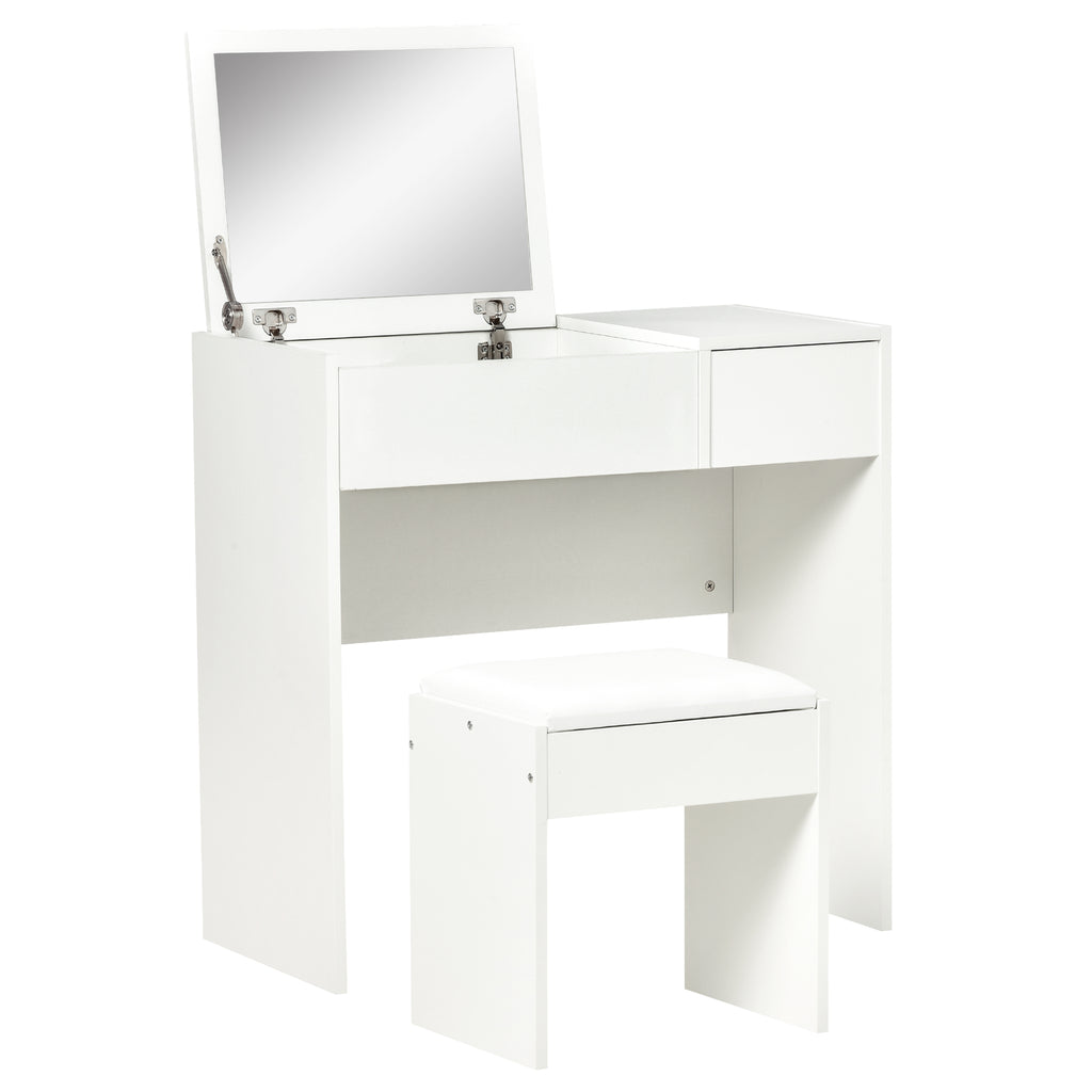 Makeup Desk With Drawer, Vanity Table Set With Flip-up Mirror And Cushioned Stool,