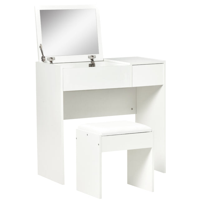 Makeup Desk With Drawer, Vanity Table Set With Flip-up Mirror And Cushioned Stool, Main Image
