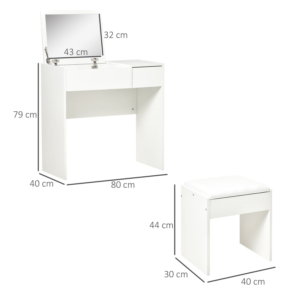 Makeup Desk With Drawer, Vanity Table Set With Flip-up Mirror And Cushioned Stool,